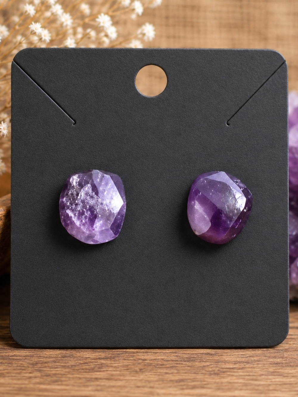 Natural Amethyst Faceted Stud Earrings - Stainless Steel Purple